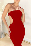 Red Sexy Solid Hollowed Out Patchwork Oblique Collar Pencil Skirt Dresses