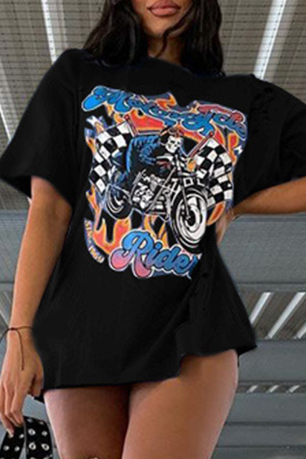 Black Fashion Casual Print Basic O Neck T-Shirts