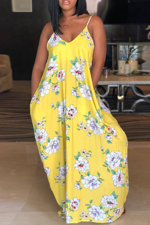 Yellow Sexy Casual Print Backless Spaghetti Strap Sleeveless Dress