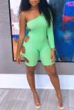 Lake Green Sexy Casual Solid Hollowed Out Backless Oblique Collar Skinny Romper