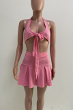 Pink Casual Solid Patchwork V Neck Sleeveless Two Pieces