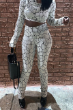White Sexy Print Patchwork Half A Turtleneck Long Sleeve Two Pieces