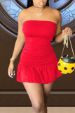 Red Sweet Solid Patchwork Flounce Strapless A Line Dresses