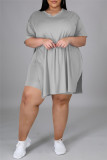 Grey Fashion Casual Solid Slit V Neck Tops Plus Size Two-piece Set