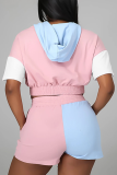 Tangerine Casual Color Block Patchwork Hooded Collar Short Sleeve Two Pieces