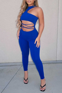 Blue Sexy Solid Split Joint Halter Skinny Jumpsuits