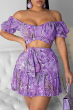 Pink Sexy Print Patchwork Off the Shoulder Short Sleeve Two Pieces