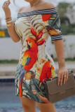 Apricot Fashion Sexy Off The Shoulder Sleeveless Bateau Neck Pencil Skirt Knee Length Print Dresses