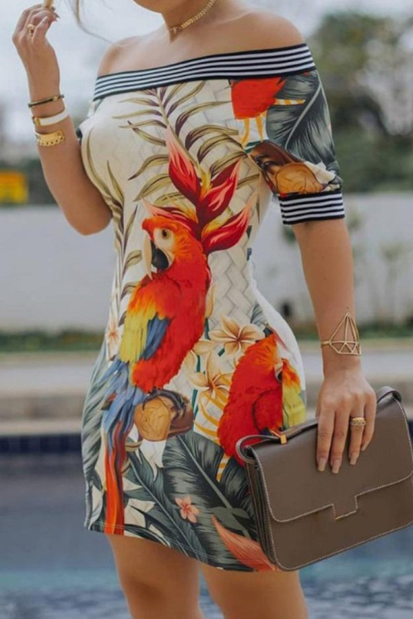 Apricot Fashion Sexy Off The Shoulder Sleeveless Bateau Neck Pencil Skirt Knee Length Print Dresses