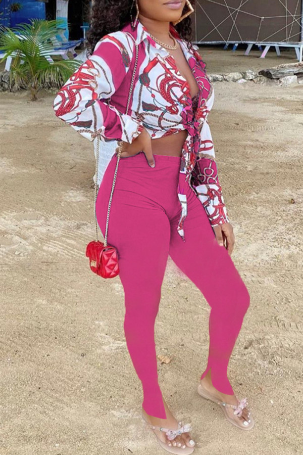 Rose Red Fashion Casual Print Bandage Strap Design Turndown Collar Long Sleeve Two Pieces
