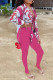 Rose Red Fashion Casual Print Bandage Strap Design Turndown Collar Long Sleeve Two Pieces