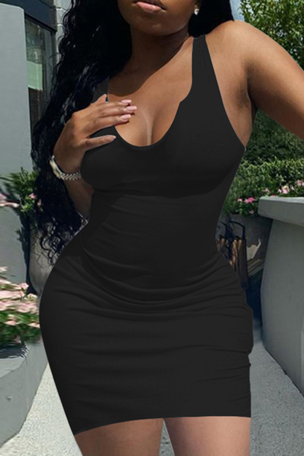 Black Casual Solid Patchwork U Neck Pencil Skirt Dresses