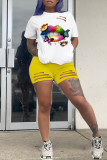 Yellow Fashion Casual Print Ripped O Neck Short Sleeve Two Pieces