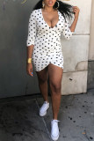 White Fashion Casual Dot Print Asymmetrical V Neck Long Sleeve Dresses