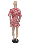 Red Fashion Sexy Print Bandage V Neck Short Sleeve Dress