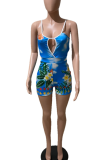Blue Sexy Print Hollowed Out Halter Skinny Rompers
