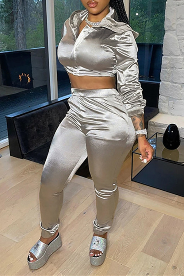 Grey Fashion Casual Solid Basic Zipper Collar Long Sleeve Two Pieces