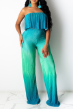 Blue Sexy Gradual Change Patchwork Strapless Sleeveless Two Pieces
