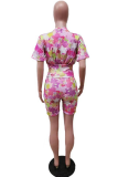 Colour Casual Print Patchwork O Neck Short Sleeve Two Pieces