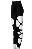 Black Sexy Solid Hollowed Out Patchwork Skinny High Waist Pencil Solid Color Bottoms