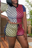 Colour Casual Print Patchwork O Neck Short Sleeve Two Pieces