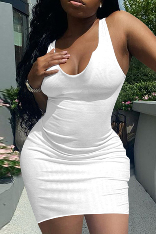 White Casual Solid Patchwork U Neck Pencil Skirt Dresses