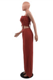 Brown Red Sexy Casual Solid Backless Strapless Sleeveless Two Pieces