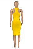 Yellow Sexy Casual Solid Vests O Neck Sleeveless Dress Dresses