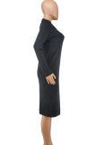 Pink Fashion Casual Solid Slit Turndown Collar Long Sleeve Dresses