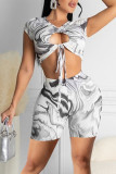 Red Sexy Print Hollowed Out Patchwork Frenulum O Neck Short Sleeve Two Pieces