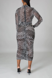 Black Casual Print Split Joint Pencil Skirt Dresses
