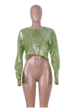 Fluorescent Green Sexy Solid Sequins O Neck Tops