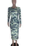 Army Green Casual Camouflage Print Bandage Split Joint O Neck Pencil Skirt Dresses