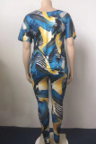 Blue Fashion Casual Print Basic V Neck Short Sleeve Two Pieces