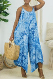 White Blue Sexy Casual Print Tie Dye Backless Spaghetti Strap Regular Jumpsuits