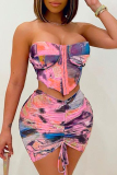 Tangerine Red Sexy Patchwork Tie-dye Strapless Sleeveless Two Pieces