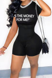 Black Fashion Casual Letter Print Basic O Neck Skinny Romper