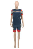 Blue Fashion Casual Leopard Patchwork O Neck Short Sleeve Two Pieces