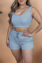 Grey Casual Solid Split Joint U Neck Sleeveless Two Pieces
