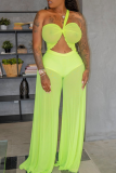 Yellow Sexy Solid Patchwork Mesh Swimwears