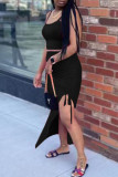 Rose Red Sexy Casual Solid Slit Spaghetti Strap Sleeveless Two Pieces