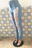 Baby Blue Casual Solid Ripped Skinny Denim Jeans