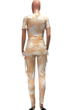 Orange Casual Patchwork Tie-dye O Neck Short Sleeve Two Pieces