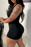 Black Sexy Solid Hollowed Out Square Collar Skinny Rompers
