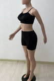 Rose Red Sexy Solid Patchwork Fold Spaghetti Strap Sleeveless Two Pieces