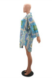 Blue Fashion Casual Print Basic Turndown Collar Shirt Dress