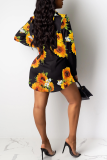 Black Yellow Casual Print Split Joint Turndown Collar Shirt Dress Dresses