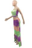 Multicolor Sexy Casual Print Backless Slit Spaghetti Strap Sleeveless Two Pieces