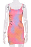 Pink Sexy Print Ripped Hollowed Out Patchwork Backless Spaghetti Strap Sling Dress Dresses