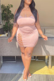 Pink Fashion Sexy Solid Hollowed Out Backless Spaghetti Strap Sleeveless Dress Dresses